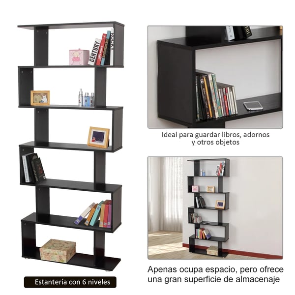 Bokhylla - S-form - 6 Hyllplan - 80×24×191 cm - PVC - Självmontering - Svart
