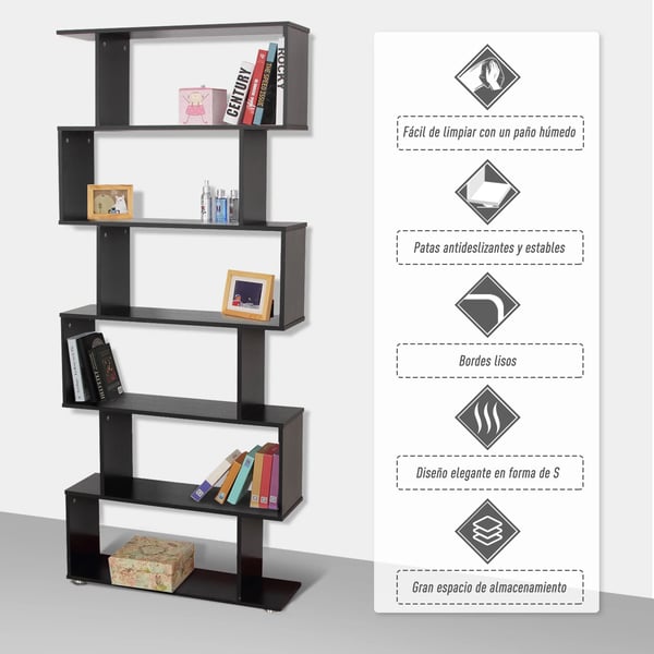 Bokhylla - S-form - 6 Hyllplan - 80×24×191 cm - PVC - Självmontering - Svart