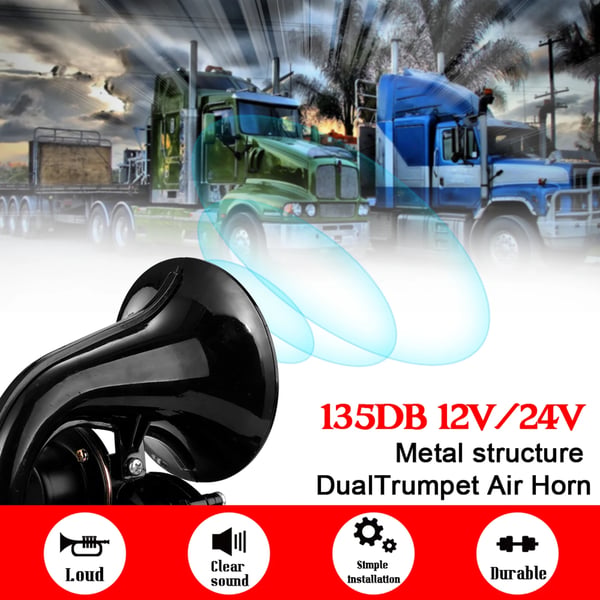Lastbil Lufthorn - Tryklufthorn - 135 dB - 12/24 V - Elektrisk Ventil - Lav Profil - Til Bil & Lastbil