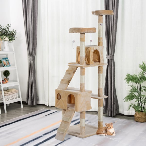 Kattklösträd - Katträd - 5 nivåer - Trä - 49x49x173 cm - Beige