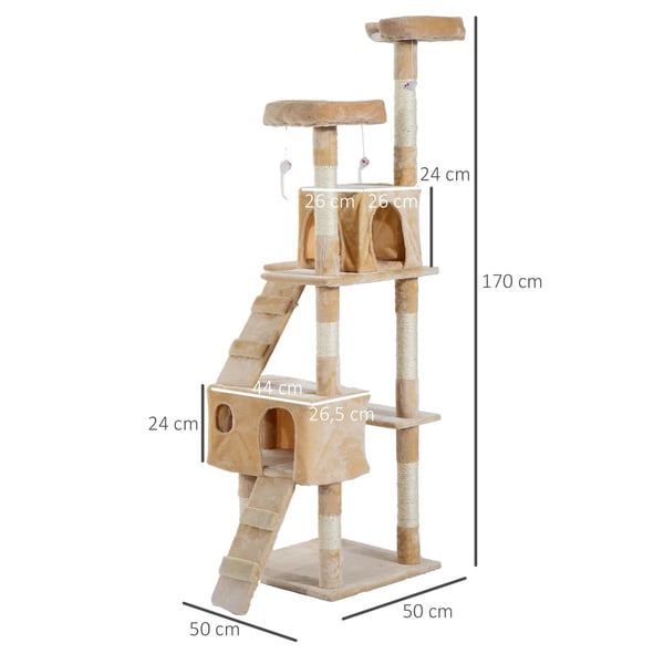 Kattklösträd - Katträd - 5 nivåer - Trä - 49x49x173 cm - Beige