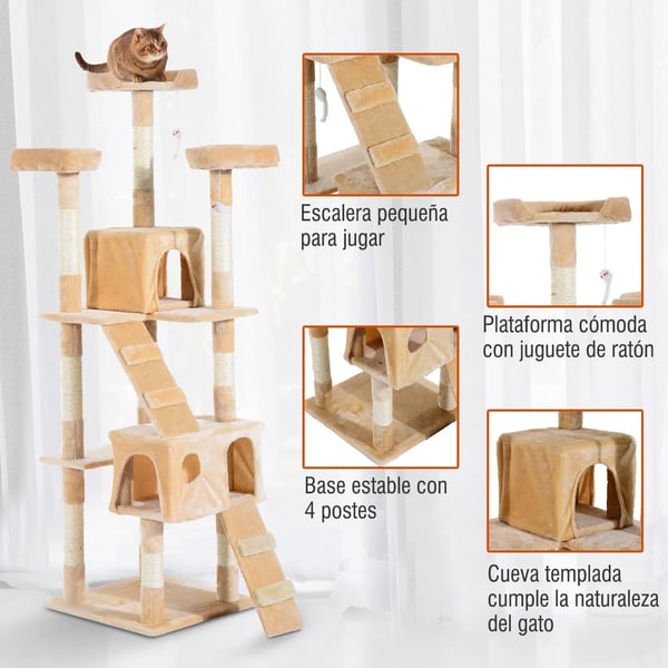 Kattklösträd - Katträd - 5 nivåer - Trä - 49x49x173 cm - Beige