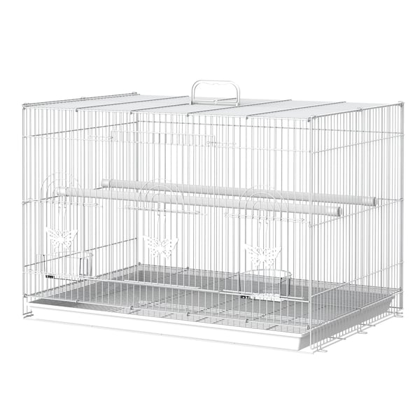 Fågelbur - Rostfritt stål - 60 x 41 x 41 cm - Med foderskålar och 2 sittpinnar - Vit