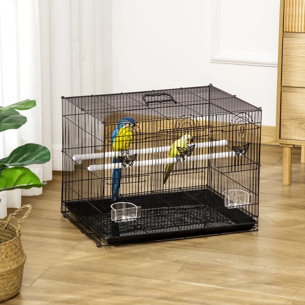 Fågelbur - Rostfritt stål - 60 x 41 x 41 cm - Med foderskålar och 2 sittpinnar - Vit