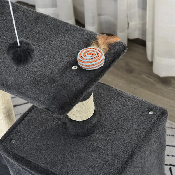 Kattklösträd - Kattträd - 3 nivåer - Klösposter - Plattformar - Hängande boll - Kattkoja - Trä - Grå