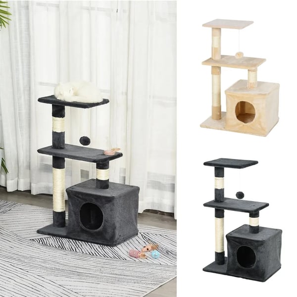 Kattklösträd - Kattträd - 3 nivåer - Klösposter - Plattformar - Hängande boll - Kattkoja - Trä - Grå