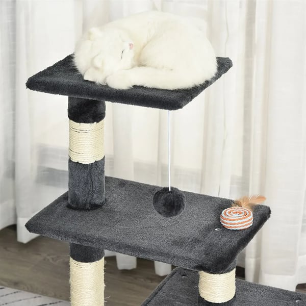Kattklösträd - Kattträd - 3 nivåer - Klösposter - Plattformar - Hängande boll - Kattkoja - Trä - Grå