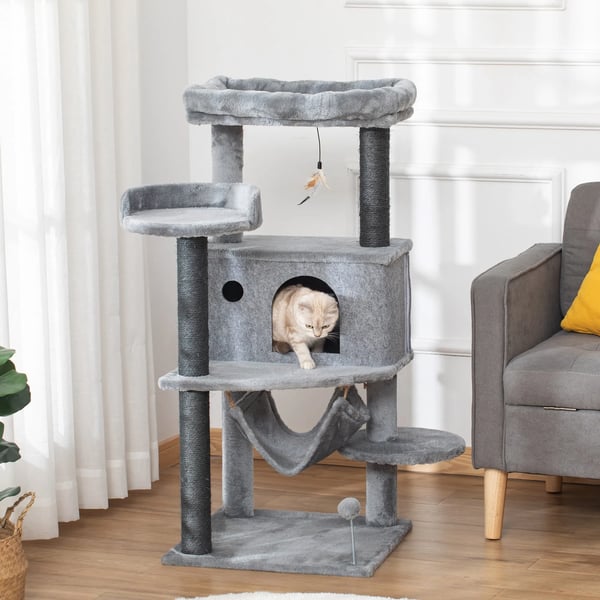 Kattklösträd - Klösmöbel - Fyra Nivåer - Mått 48×48×107 cm - Avtagbar Filtgrotta - Hängmatta - Sisalstolpar - Grå
