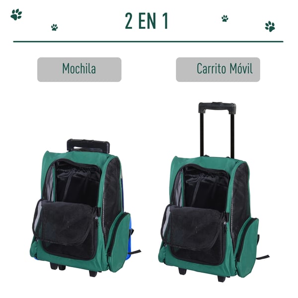 Transportväska för hund - 2-i-1 Vagn/Ryggsäck - Med hjul - För små hundar - Metallram - 42×25×55 cm - Grön
