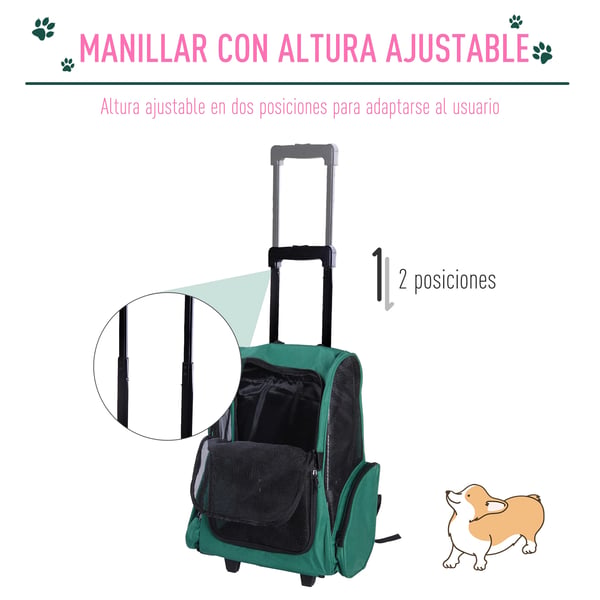 Transportväska för hund - 2-i-1 Vagn/Ryggsäck - Med hjul - För små hundar - Metallram - 42×25×55 cm - Grön