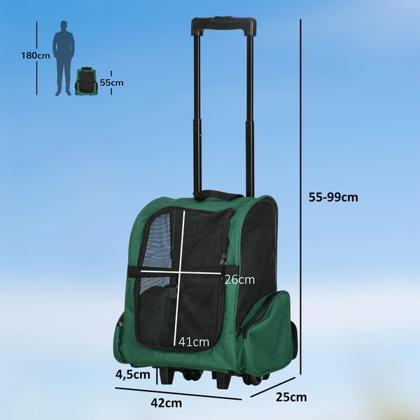 Transportväska för hund - 2-i-1 Vagn/Ryggsäck - Med hjul - För små hundar - Metallram - 42×25×55 cm - Grön