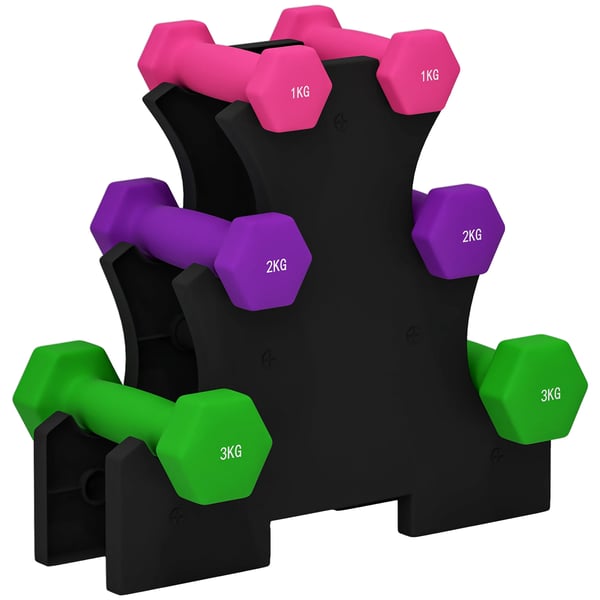 Hantelset - Träningshantlar - 2x1 kg, 2x2 kg, 2x3 kg - Med ställ - Styrketräning för armar - För män - Multicolor