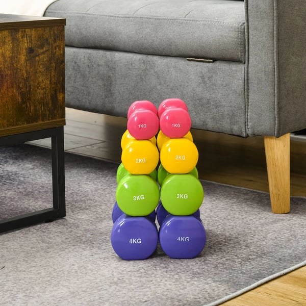 Hantelset - Hexagon - 8 st (4 par) 1/2/3/4 kg - Greppvänlig beläggning - För styrketräning hemma - Multicolor