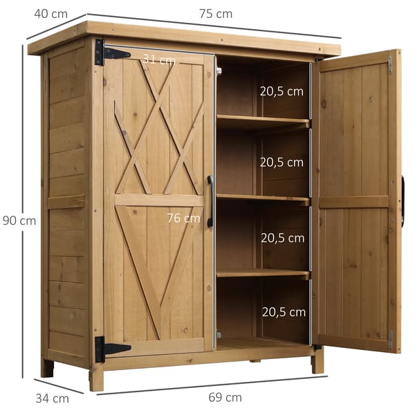 Trädgårdsskåp i trä - Utomhus förvaringsskåp - Vattentätt - Granträ - Galvaniserat tak - 2 dörrar - 4 hyllor - 75×40×90 cm