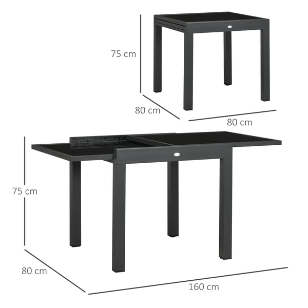 Trädgårdsbord - Utdragbart utomhusbord - Aluminiumram - Härdat glas - 160x80x75 cm - Svart