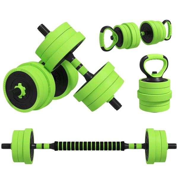 Hantelset - 4‑i‑1 Träningsset - 20 kg, Kettlebell & Skivstång - Styrketräning Armar - Grön
