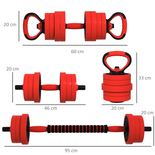 Hantelset - 4‑i‑1 - 20 kg - Kettlebell & Skivstång - Styrketräning - Röd
