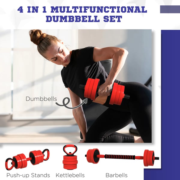 Hantelset - 4‑i‑1 - 20 kg - Kettlebell & Skivstång - Styrketräning - Röd