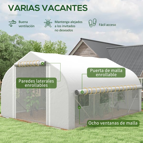 Tunnelväxthus - Trädgårdsdrivhus - 4×3×2 m - Nätdörr - 8 Fönster - Vattentät - Vit