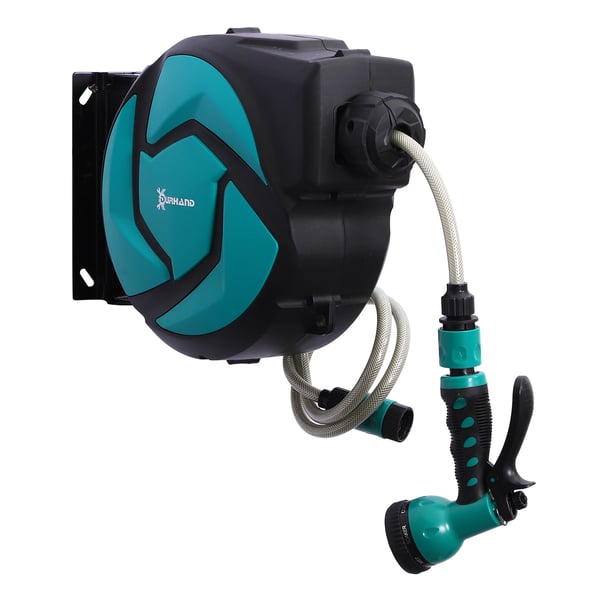 Automatisk slangvinda - Trädgårdsslangvinda - Utdragbar 10 m - Automatisk upprullning - Låsfunktion - 28×14×34 cm