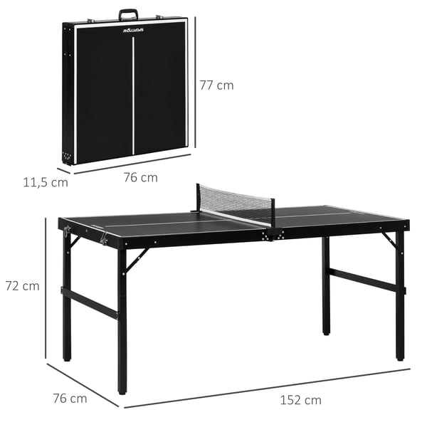 Bordtennisbord/Pingisbord - Hopfällbart - Aluminiumram - 152×76×72 cm - 11,1 kg - Svart
