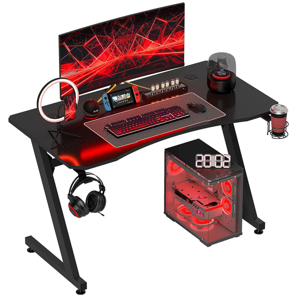 Gamingbord - Datorbord - Justerbara Fötter - Mugghållare - 120×65×74,5 cm - Rektangulär - Montering Krävs - Svart