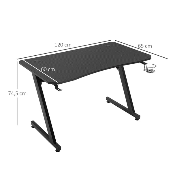 Gamingbord - Datorbord - Justerbara Fötter - Mugghållare - 120×65×74,5 cm - Rektangulär - Montering Krävs - Svart