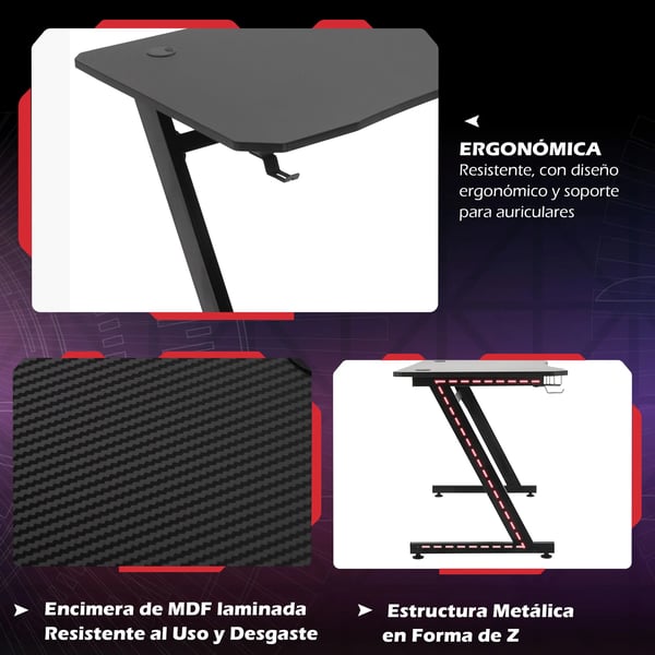 Gamingbord - Datorbord - Justerbara Fötter - Mugghållare - 120×65×74,5 cm - Rektangulär - Montering Krävs - Svart