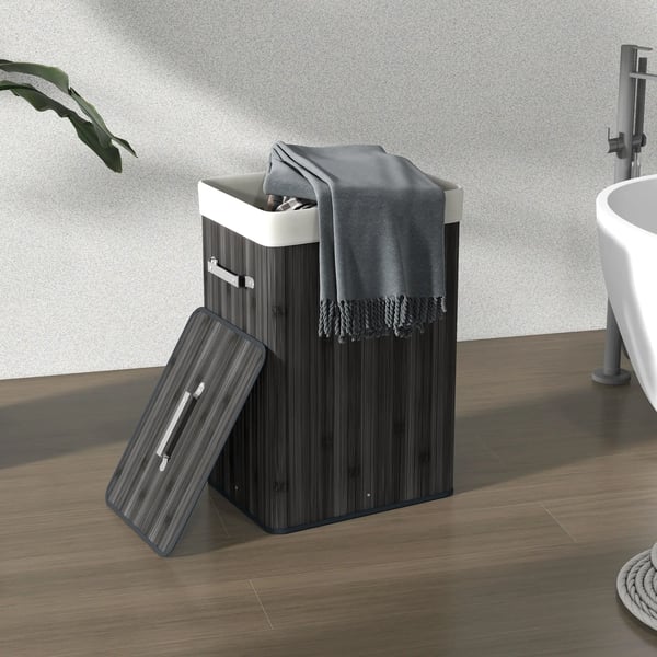 Tvättkorg / Smutstvättkorg - Hopfällbar bambu - Med lock - 40×30×60 cm - Mörkgrå