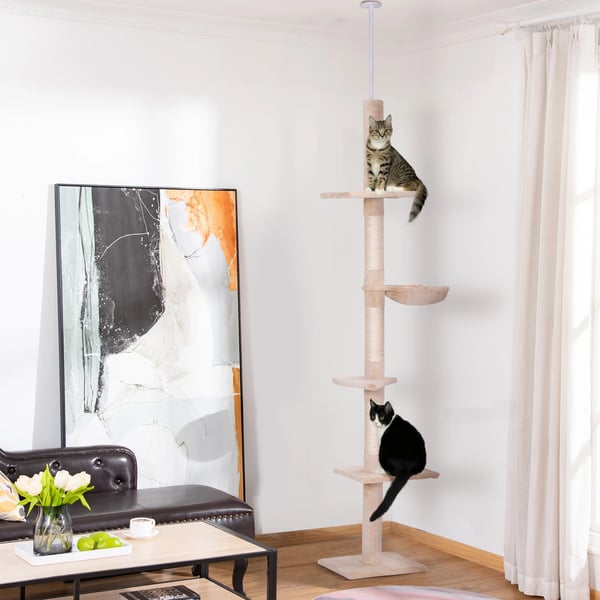 Klösträd - Golv-till-tak - Justerbar 230–260 cm - 5 nivåer - Sisal klöspålar - Plysch & spånskiva - Beige