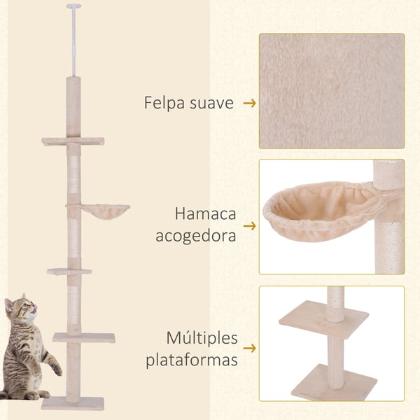 Klösträd - Golv-till-tak - Justerbar 230–260 cm - 5 nivåer - Sisal klöspålar - Plysch & spånskiva - Beige