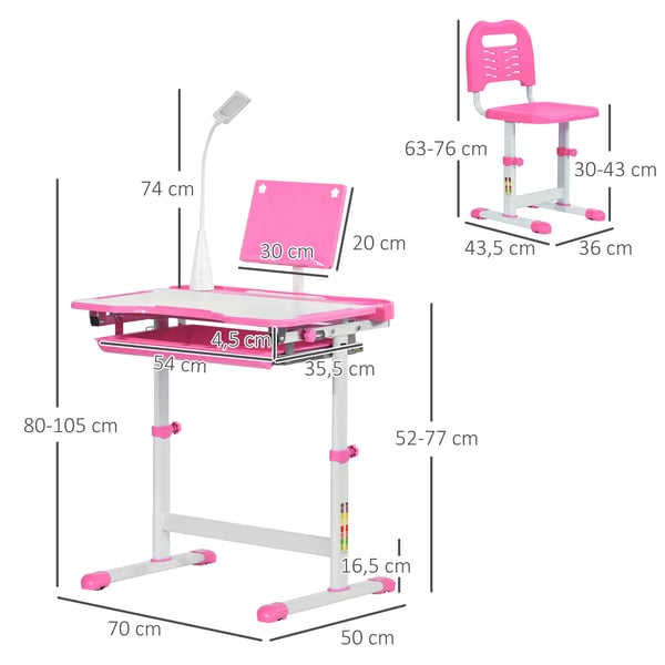 Barnskrivbord och stol - Set - Höjdjusterbar - För barn från 6 år - Trä - 70x50x105 cm - Rosa