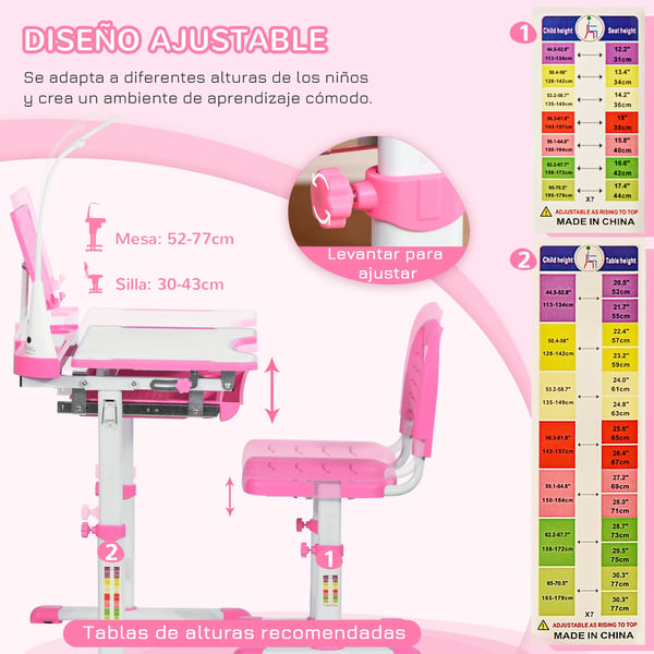 Barnskrivbord och stol - Set - Höjdjusterbar - För barn från 6 år - Trä - 70x50x105 cm - Rosa