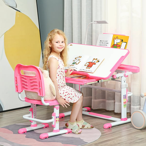 Barnskrivbord och stol - Set - Justerbar höjd - Lutande bordsskiva - Låda - 80×49,5×105 cm - PP/MDF/Stål - Enkel montering