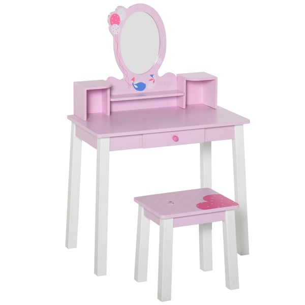 Barnsminkbord - Toalettbord Set - Med Spegel och Pall - 59×39×92 cm - Montering Krävs