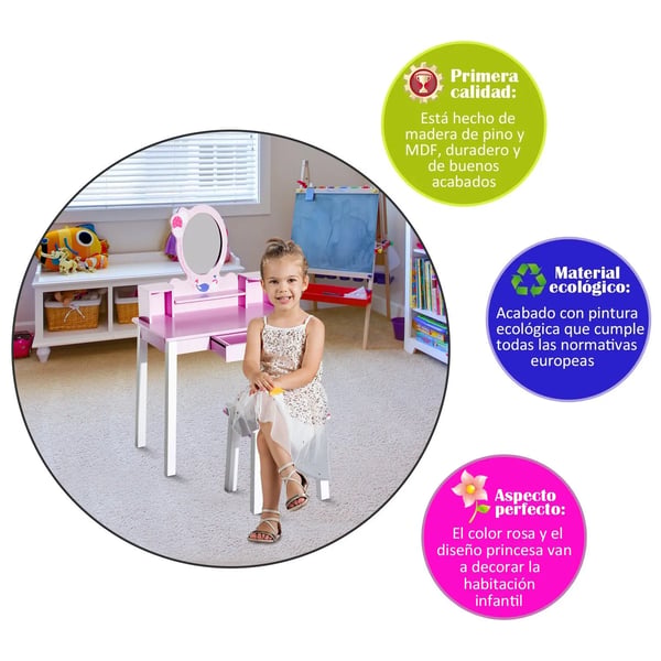 Barnsminkbord - Toalettbord Set - Med Spegel och Pall - 59×39×92 cm - Montering Krävs