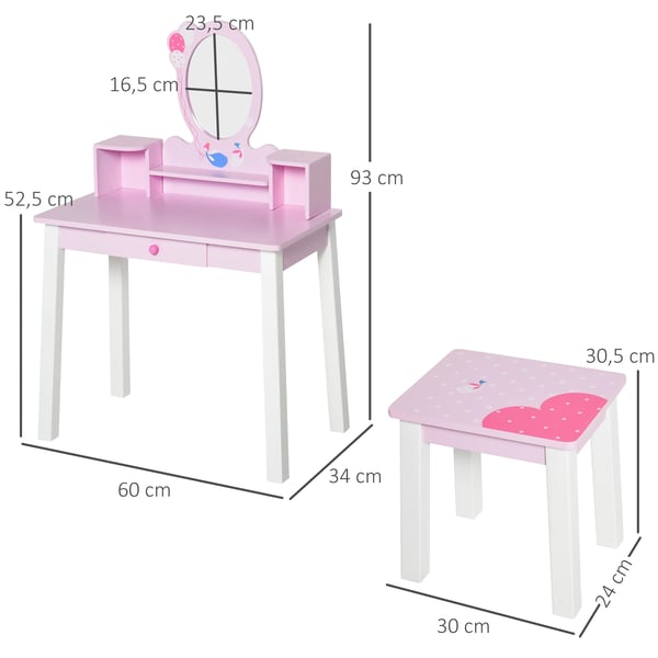 Barnsminkbord - Toalettbord Set - Med Spegel och Pall - 59×39×92 cm - Montering Krävs