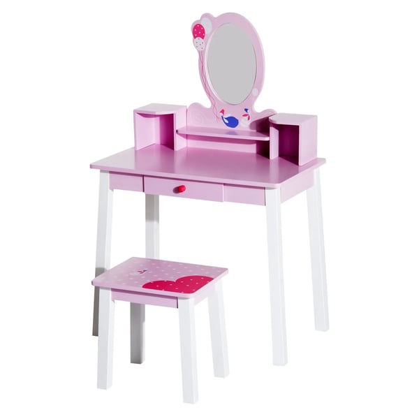 Barnsminkbord - Toalettbord Set - Med Spegel och Pall - 59×39×92 cm - Montering Krävs