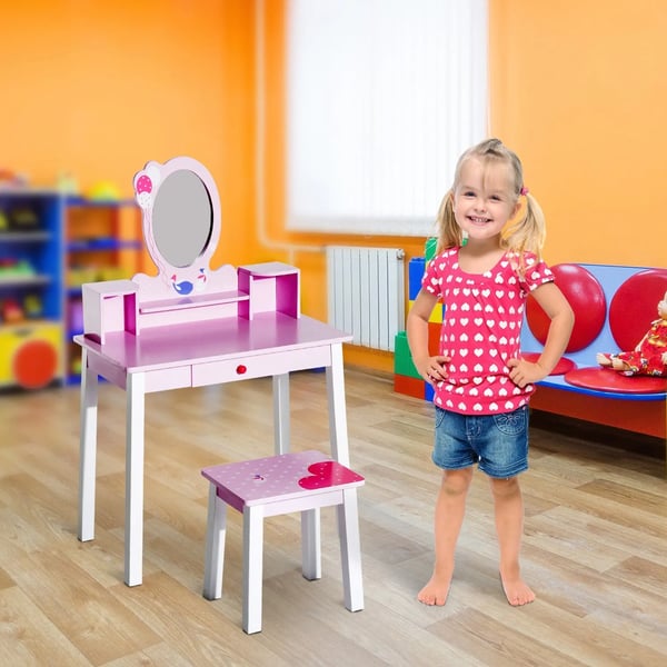 Barnsminkbord - Toalettbord Set - Med Spegel och Pall - 59×39×92 cm - Montering Krävs