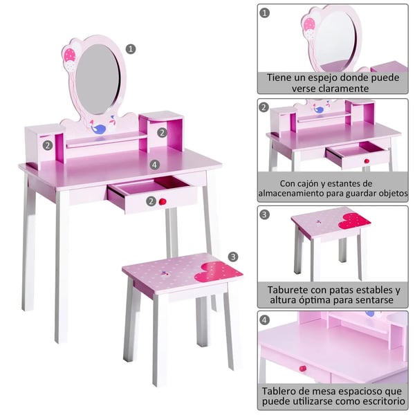 Barnsminkbord - Toalettbord Set - Med Spegel och Pall - 59×39×92 cm - Montering Krävs
