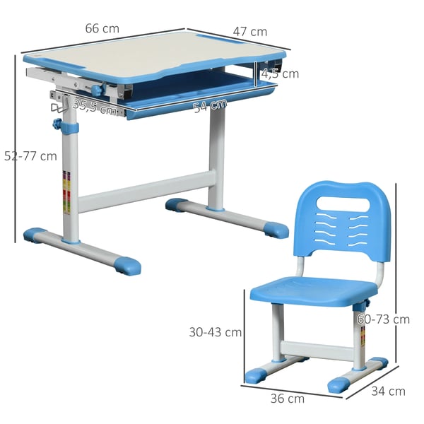 Barnskrivbord med stol - Set - Höjdjusterbar - För barn 6+ år - Storlek 66×47×77 cm - Montering krävs