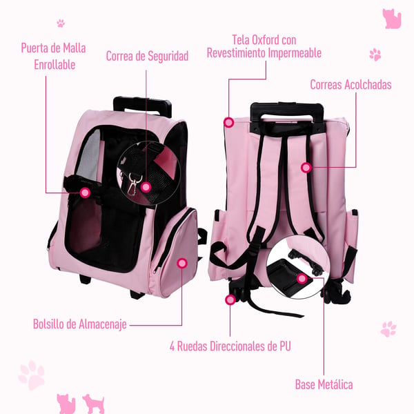 Hundtransportväska - 2-i-1 ryggsäck & vagn - 36×30×49 cm - För medelstora hundar - Metallram - Rosa