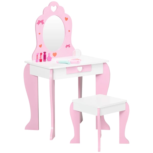Barnsminkbord - Toalettbord med spegel och pall - För flickor 3–6 år - Mått: 50 x 36,5 x 89,5 cm - Montering krävs - Rosa