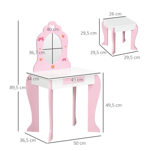 Barnsminkbord - Toalettbord med spegel och pall - För flickor 3–6 år - Mått: 50 x 36,5 x 89,5 cm - Montering krävs - Rosa