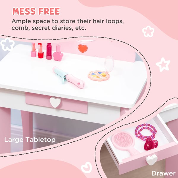 Barnsminkbord - Toalettbord med spegel och pall - För flickor 3–6 år - Mått: 50 x 36,5 x 89,5 cm - Montering krävs - Rosa