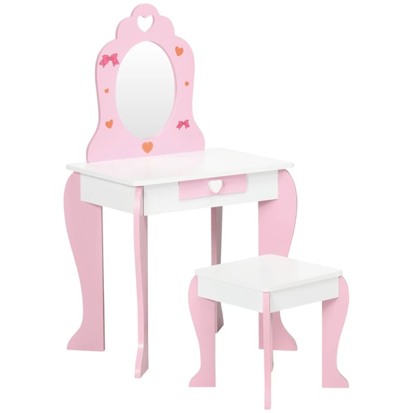 Barnsminkbord - Toalettbord med spegel och pall - För flickor 3–6 år - Mått: 50 x 36,5 x 89,5 cm - Montering krävs - Rosa