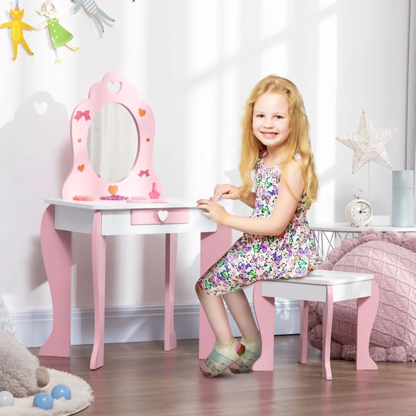 Barnsminkbord - Toalettbord med spegel och pall - För flickor 3–6 år - Mått: 50 x 36,5 x 89,5 cm - Montering krävs - Rosa