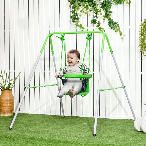 Småbarnsgunga med ställning - För 6–36 månader - 122×146×122 cm - Stål & polyeten - Grön