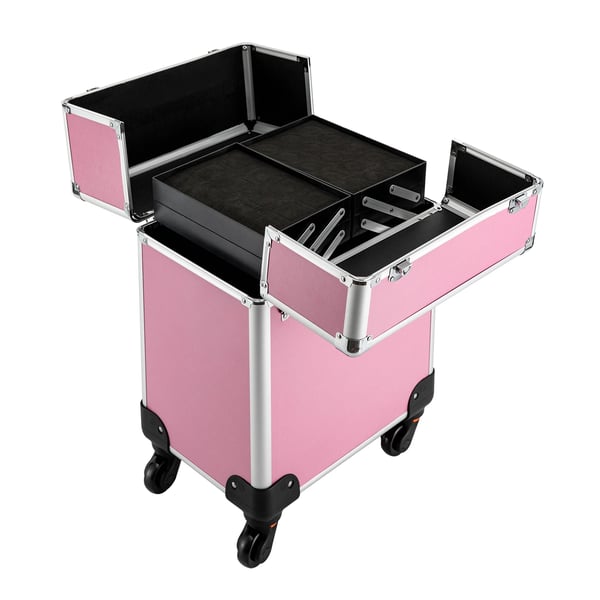 Makeup kuffert på hjul - Kosmetikkuffert - Aluminium hårdskal - 360° spinnerhjul - Lås - Aftagelige hjul - Teleskophåndtag - 34×24×45 cm - Pink