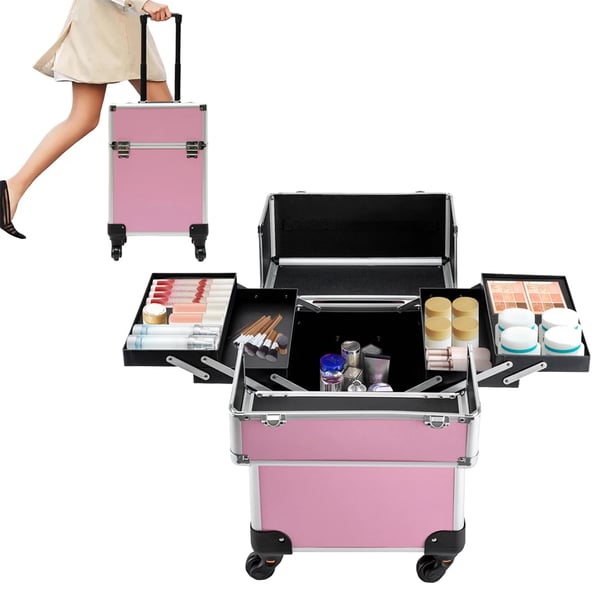 Makeup kuffert på hjul - Kosmetikkuffert - Aluminium hårdskal - 360° spinnerhjul - Lås - Aftagelige hjul - Teleskophåndtag - 34×24×45 cm - Pink